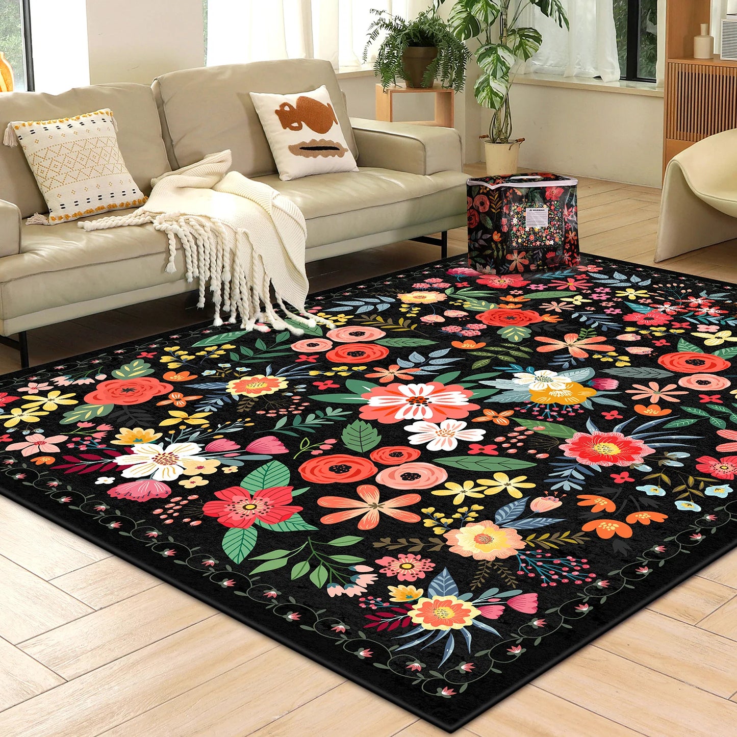 Soft Boho Floral Area Rug Washable Non Slip Living Room