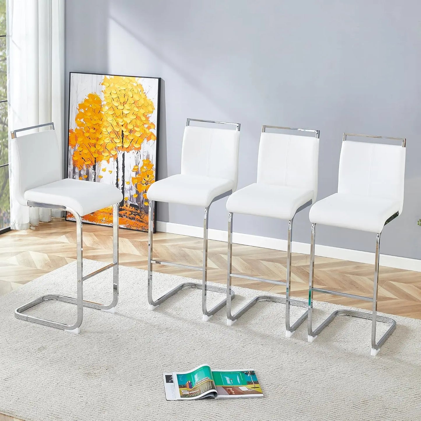 Frame Bar Stools 4 With Back Modern Faux Leather Seating