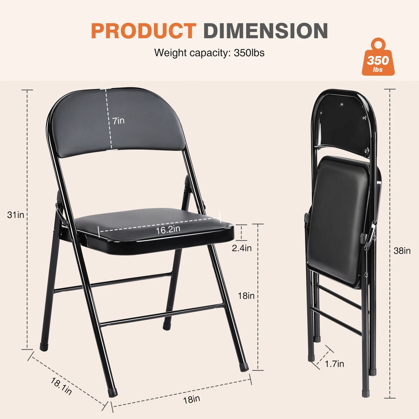 JHK Leather Padded Folding Chairs 4 Pack Sturdy Metal Frame