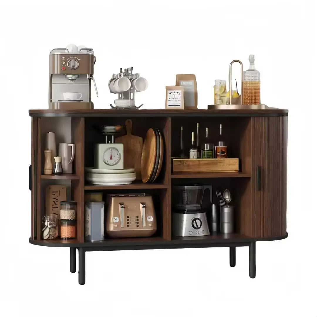 HUANZHUANG Modern Buffet Cabinet With Sliding Tambour Doors Open Shelves