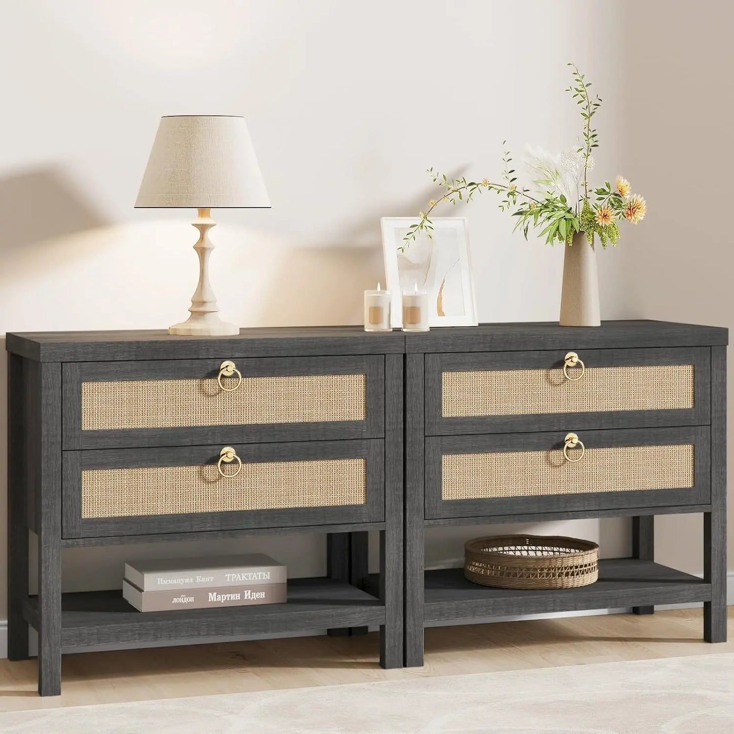 Rattan Nightstands Set of 2 Boho Style Bedroom End Tables
