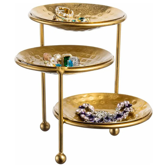 Hammered Brass Plated 3 Tier Jewelry Organizer Ring Dish Stand