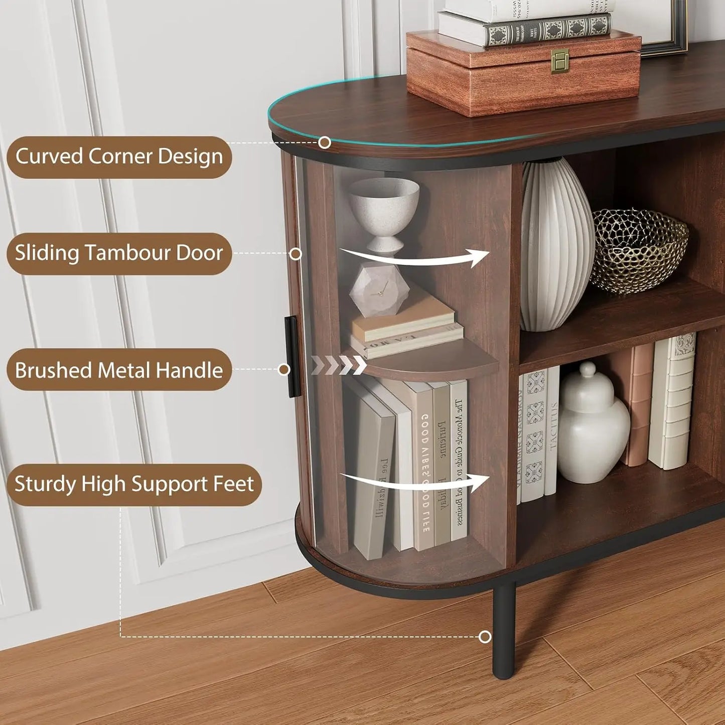 HUANZHUANG Modern Buffet Cabinet With Sliding Tambour Doors Open Shelves