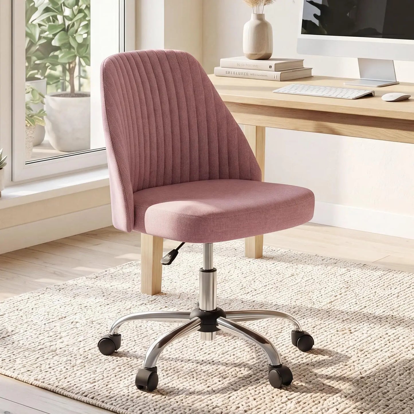 Height Adjustable Armless Vanity Office Chair With Rolling Wheels