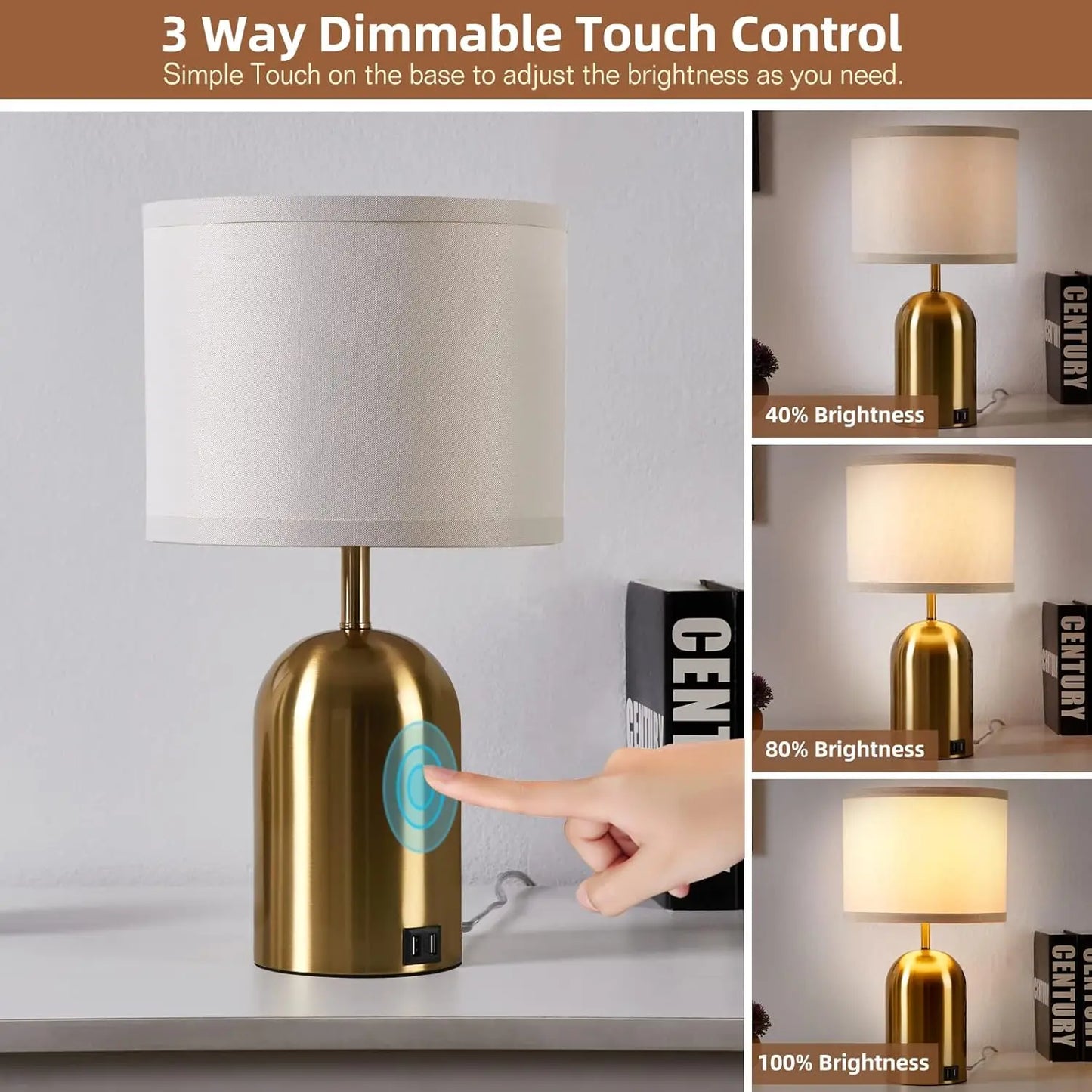 Touch Control Bedside Lamps With USB Ports 2-Pack Set