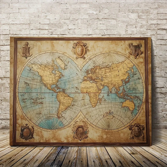 Wooden Frame World Map Canvas Wall Art for Classic Decor
