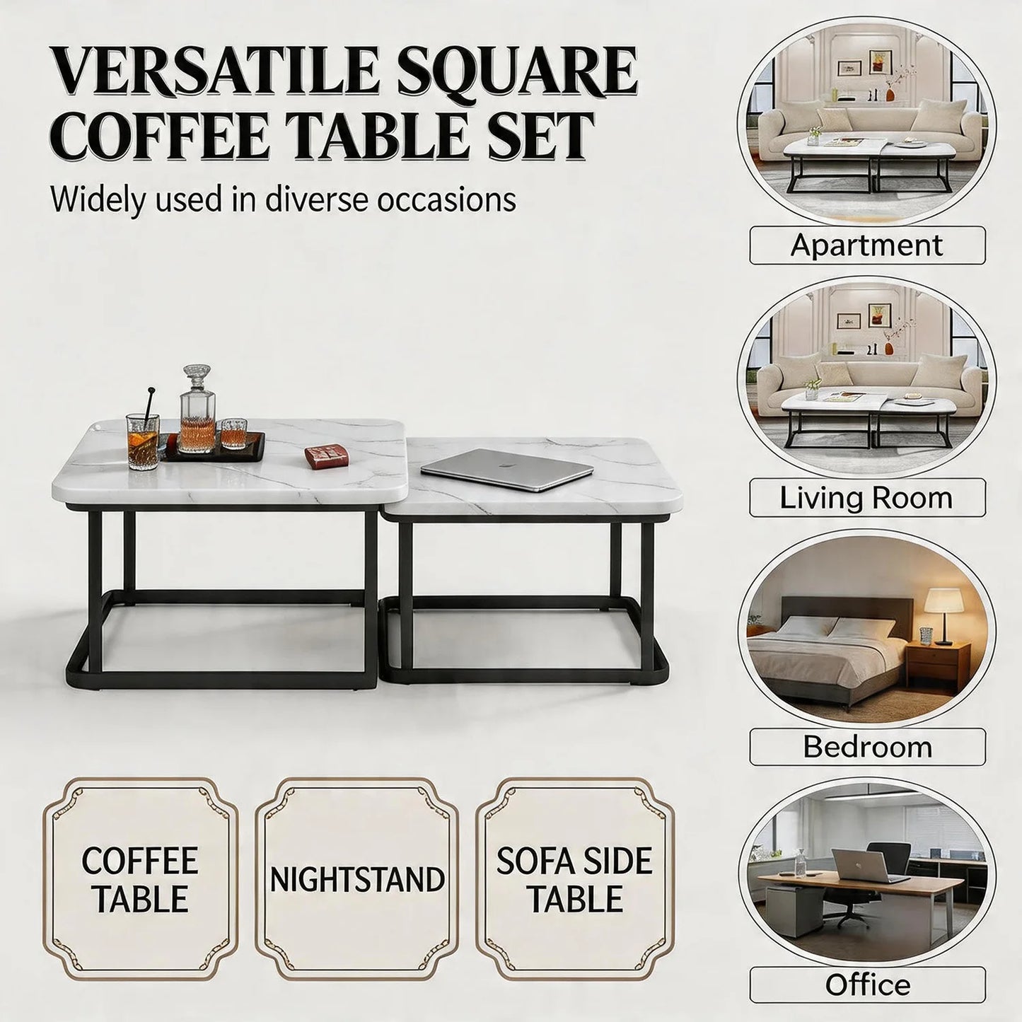 HiMISS Square Nesting Coffee Tables With Fluted Wood Design