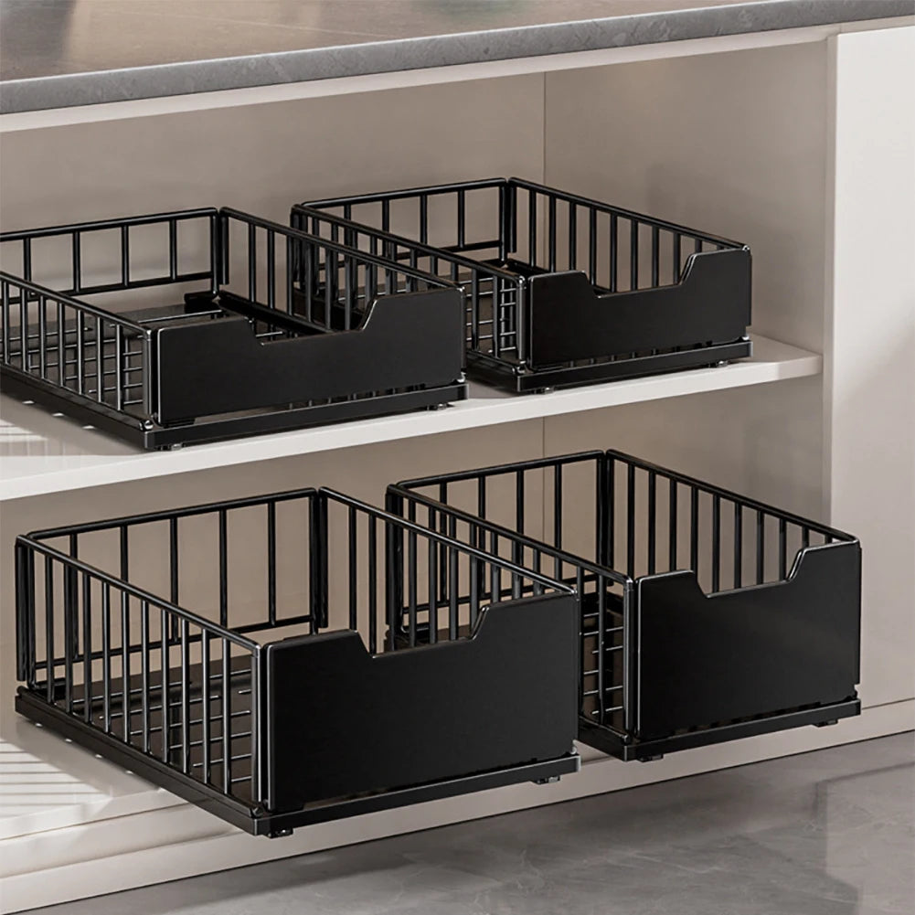 Pull Out Cabinet Organizer, Carbon Steel Foldable Slide Out Drawers Storage Rack For Kitchen Cabinets Bathroom Cabinet Organizer