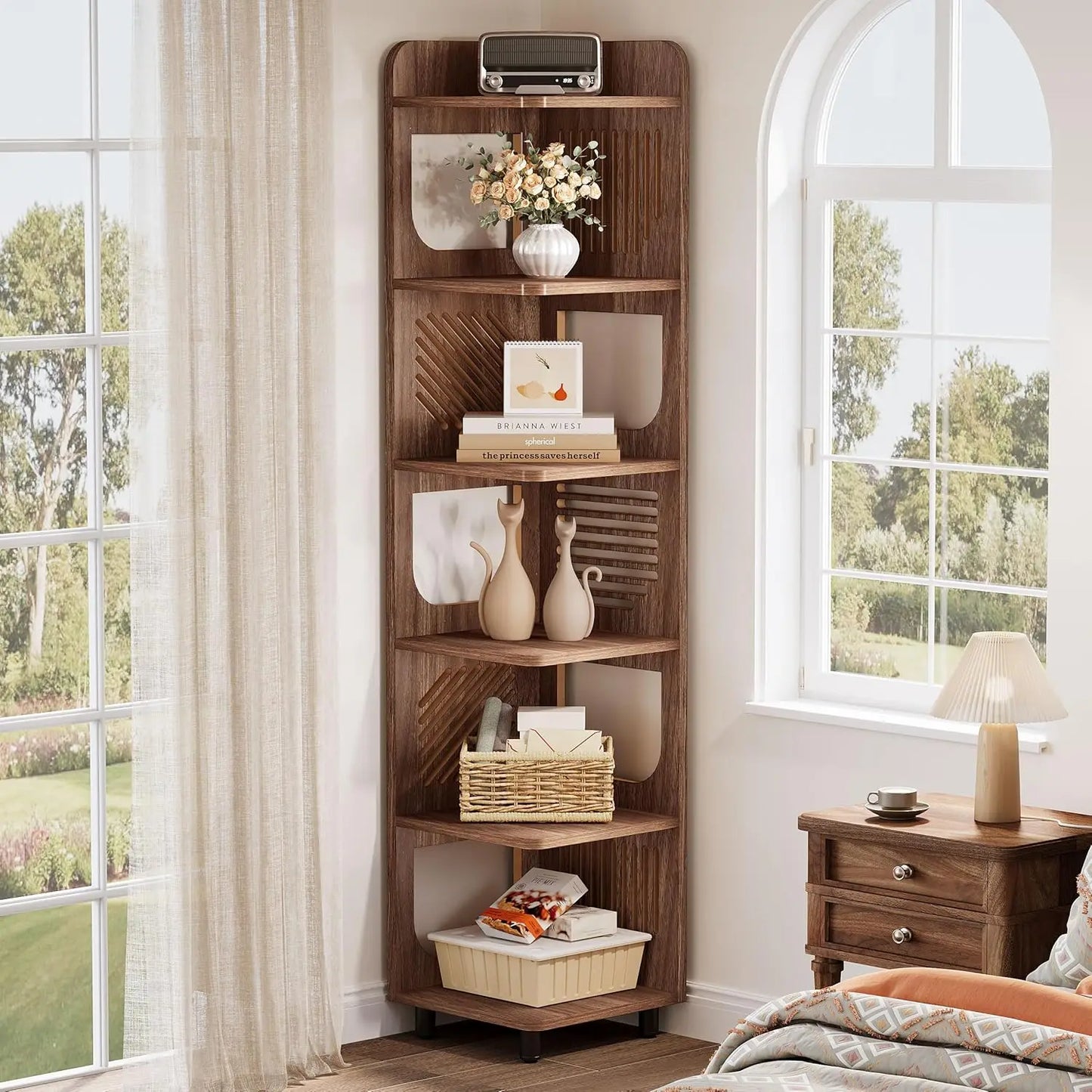 6 Tier Tall Corner Shelf Bookshelf Freestanding Bookcase Home Office