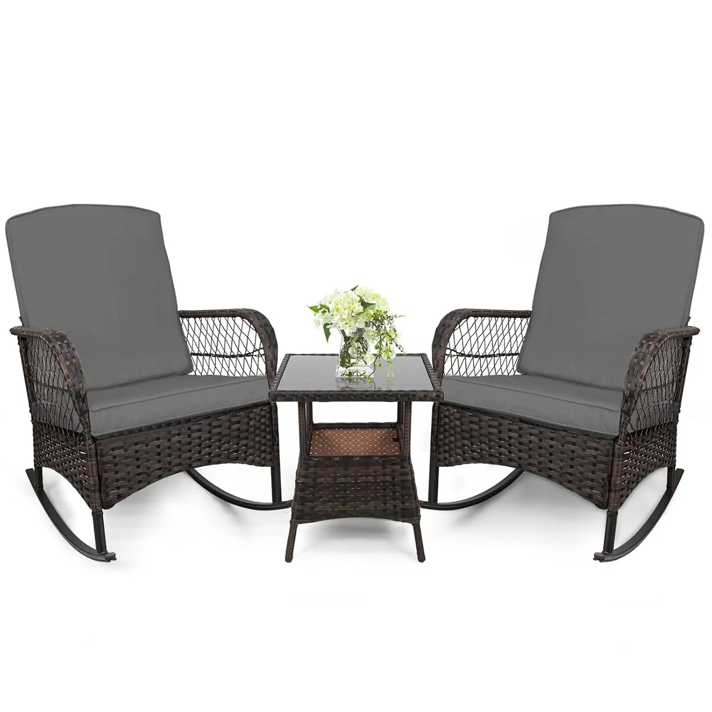 Outdoor 3 Piece Rocking Bistro Set With Glass Table PE Wicker