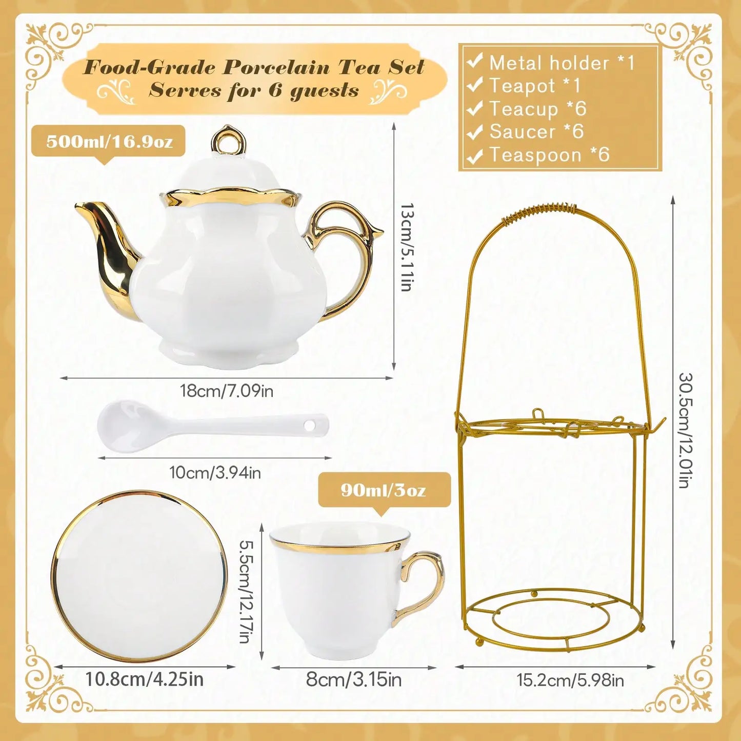 European Porcelain Tea Set With Metal Holder And Floral Pattern