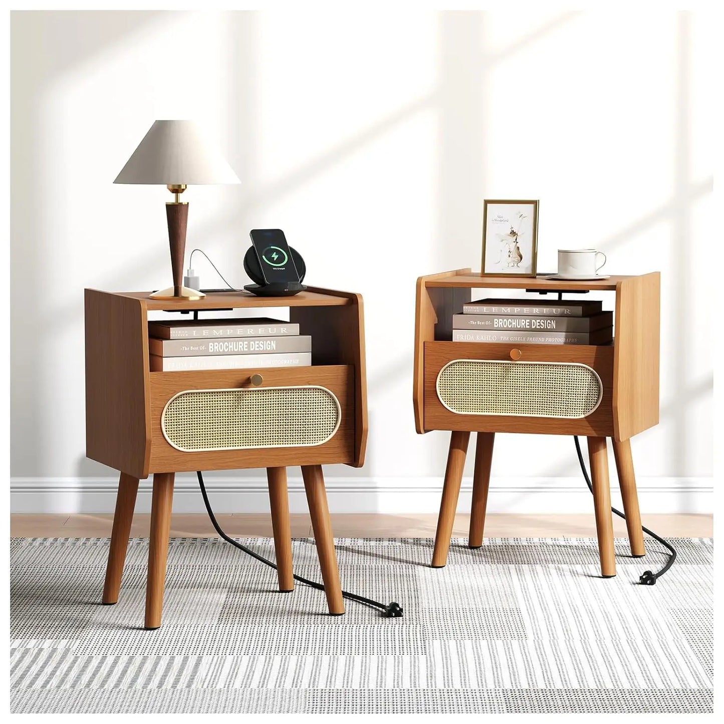 Mid Century Modern Nightstands Set With Drawers Solid Wood Legs