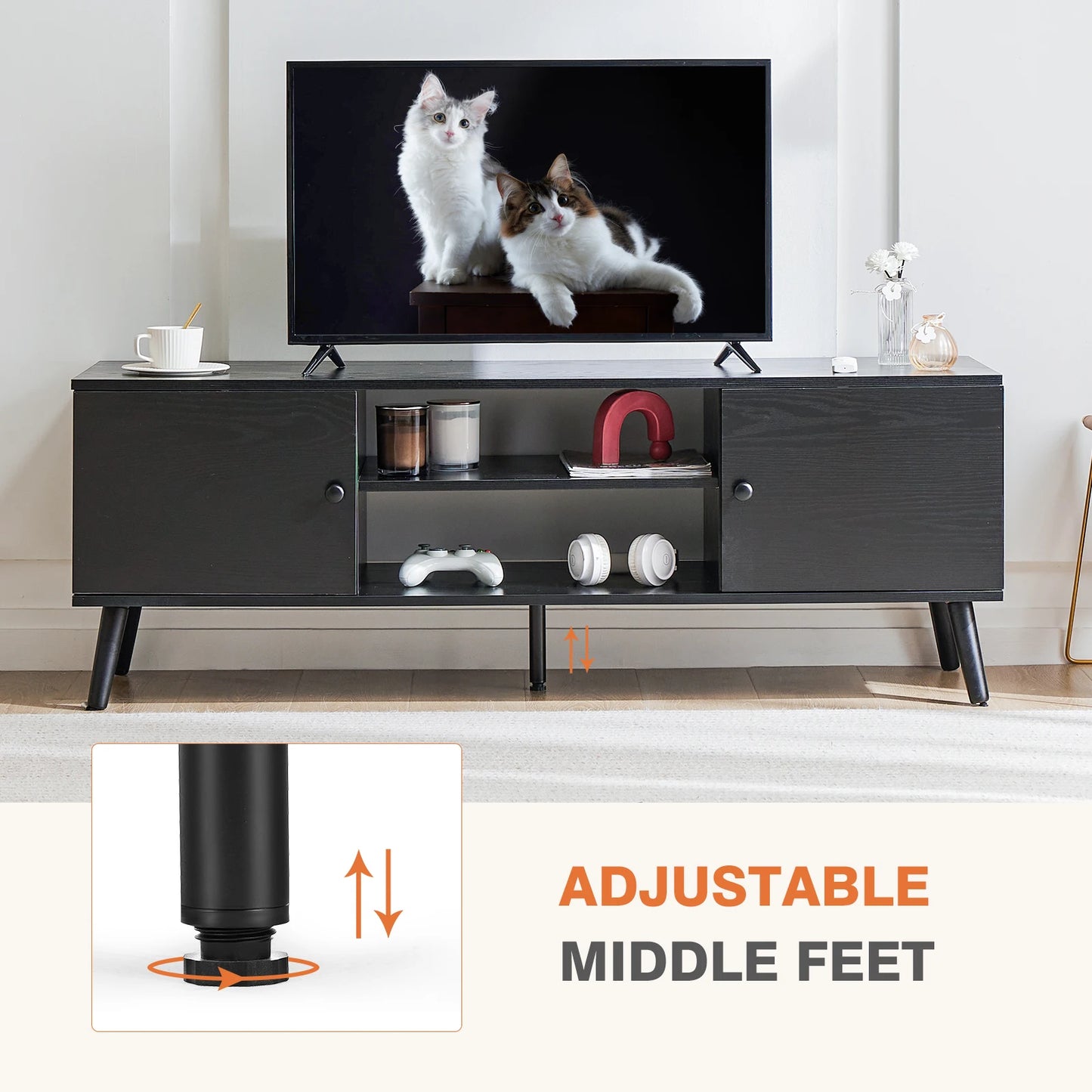 JHK Wooden Fireplace TV Stand With Adjustable Shelves And Storage