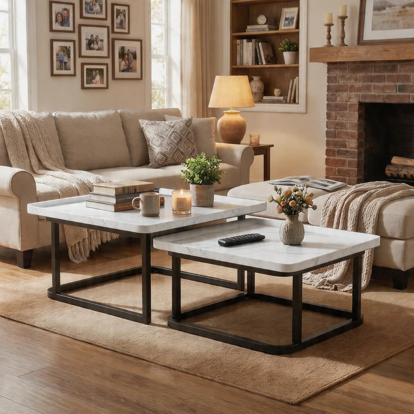 HiMISS Square Nesting Coffee Tables With Fluted Wood Design