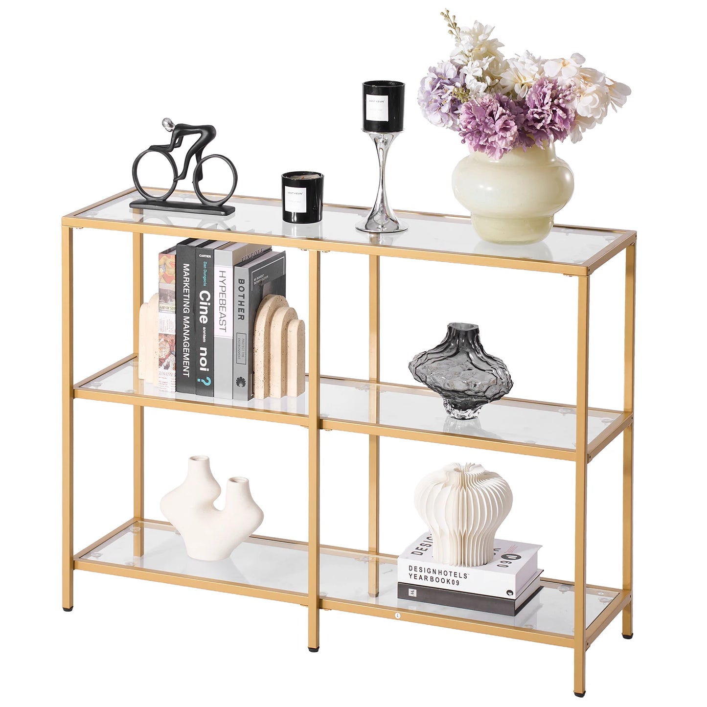 SucceBuy Glass Console Table With Tempered Top And Iron Legs
