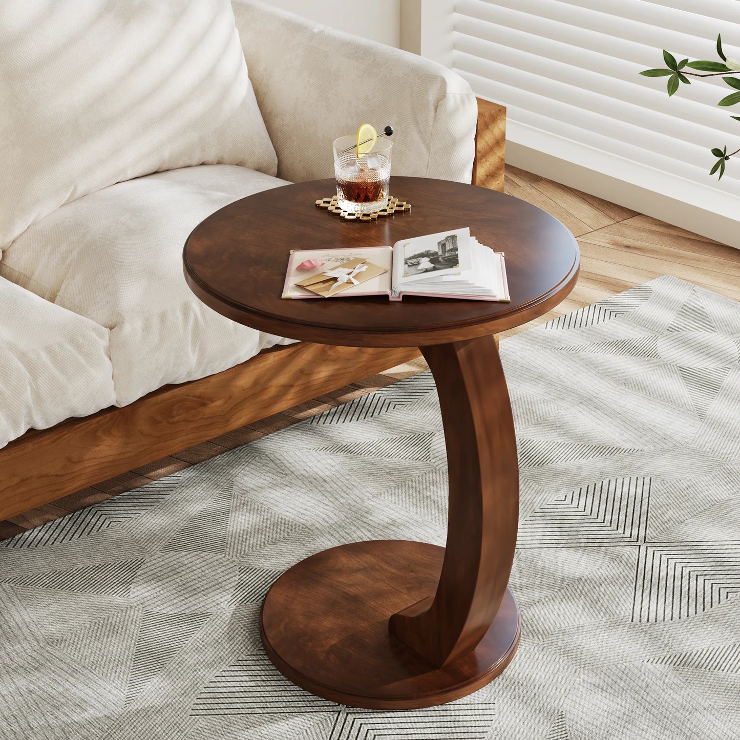 Tribesigns Round Wood C Shaped End Table Mid Century Style For Living Room