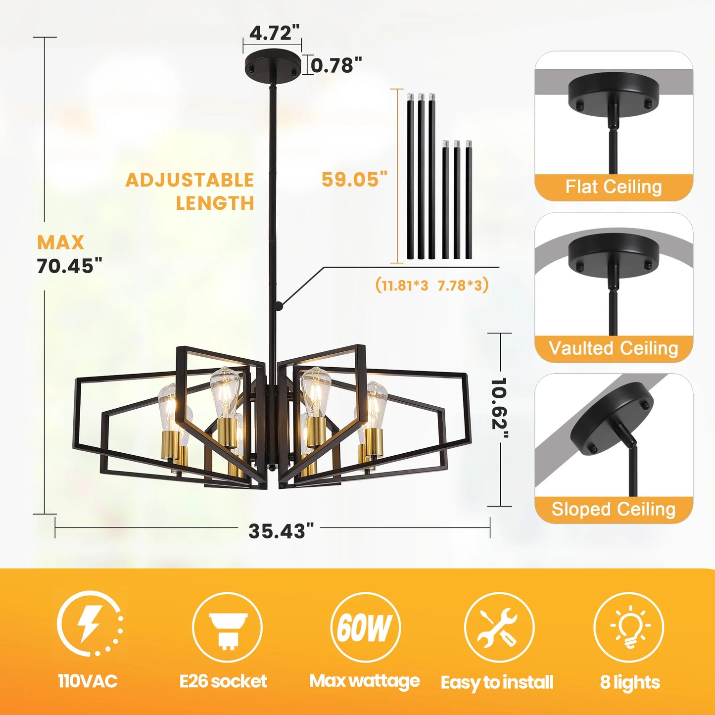 Modern 8-Light Geometric Chandelier With Adjustable Pendant Light