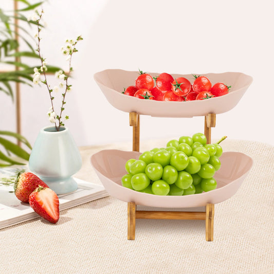 Two Tier Bamboo Wood Frame Fruit Bowl Stand PP Bowls