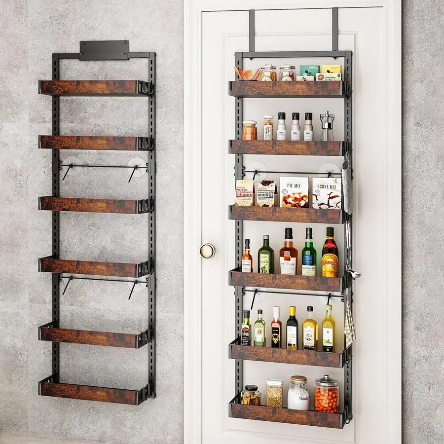 Over the Door Pantry Organizer, 6Tier Adjustable Wooden Basket Kitchen Pantry Door Organization and Storage, HeavyDuty Metal Han