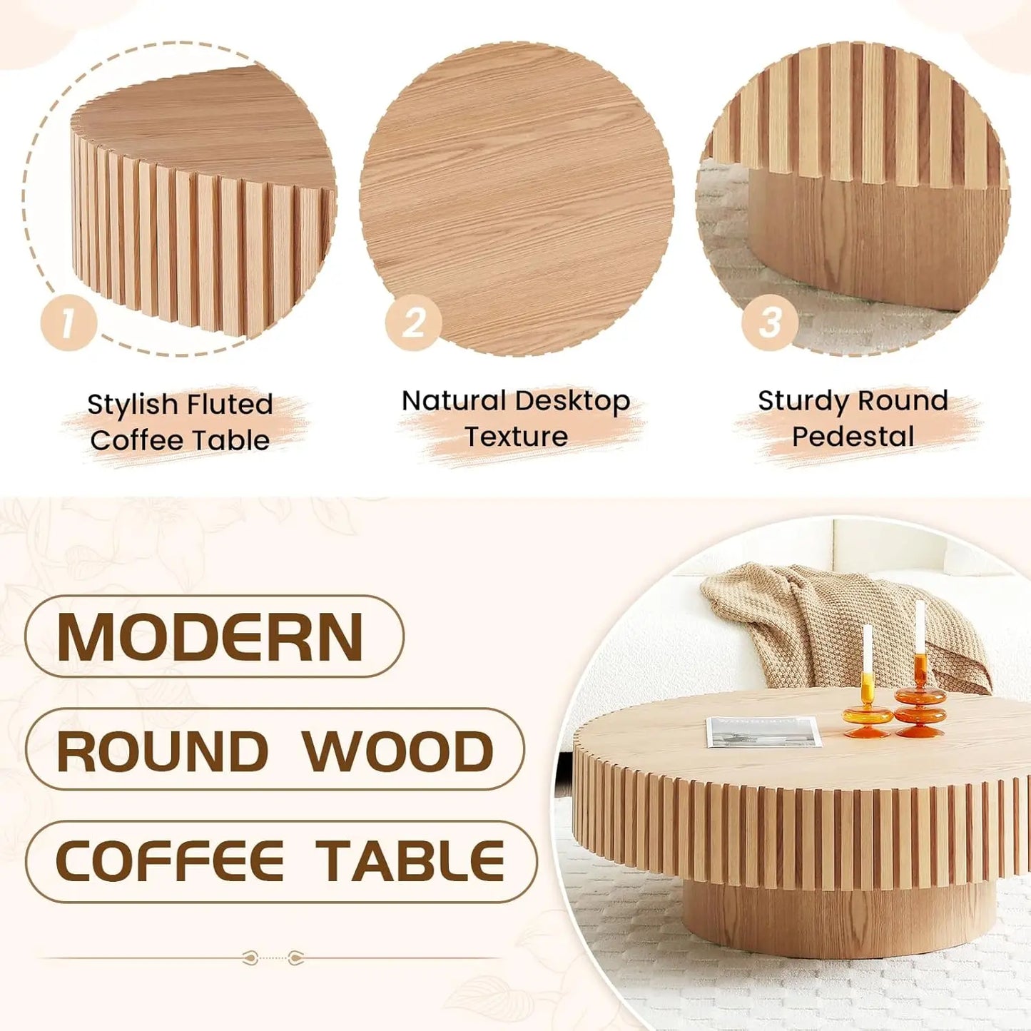 Oak Round Coffee Table Wood Modern Drum Fluted Circle