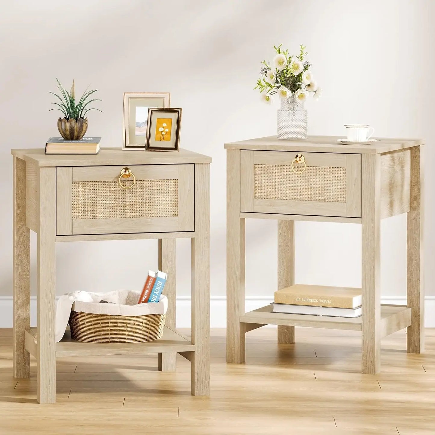 Rattan Nightstands Set of 2 Boho Style Bedroom End Tables