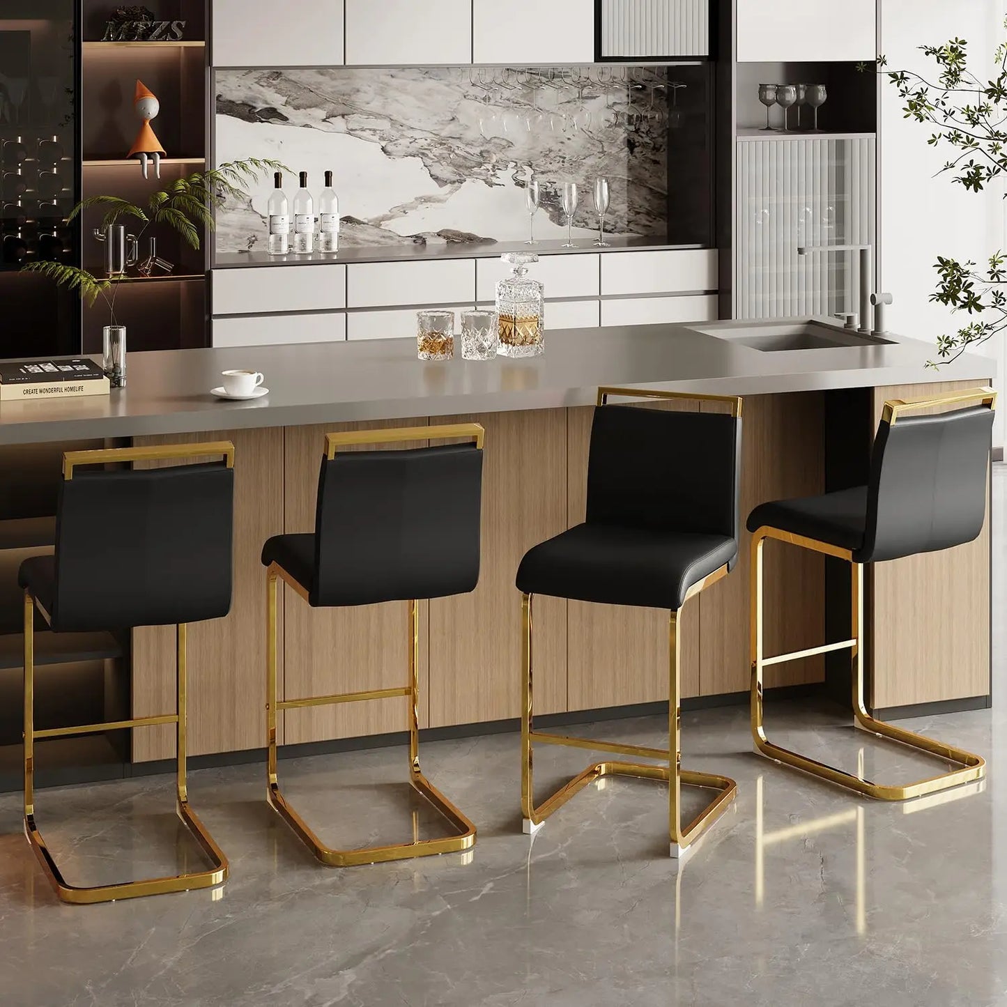 Frame Bar Stools 4 With Back Modern Faux Leather Seating