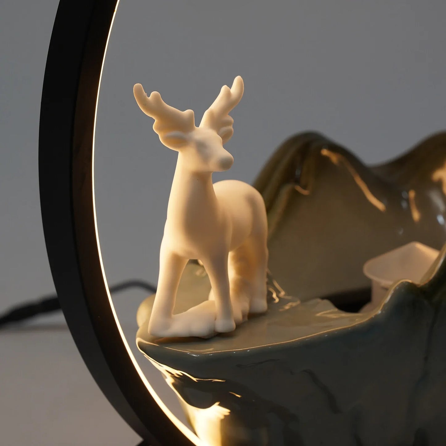 Ceramic Tabletop Fountain With LED Mist Deer Figurine Pine Branches