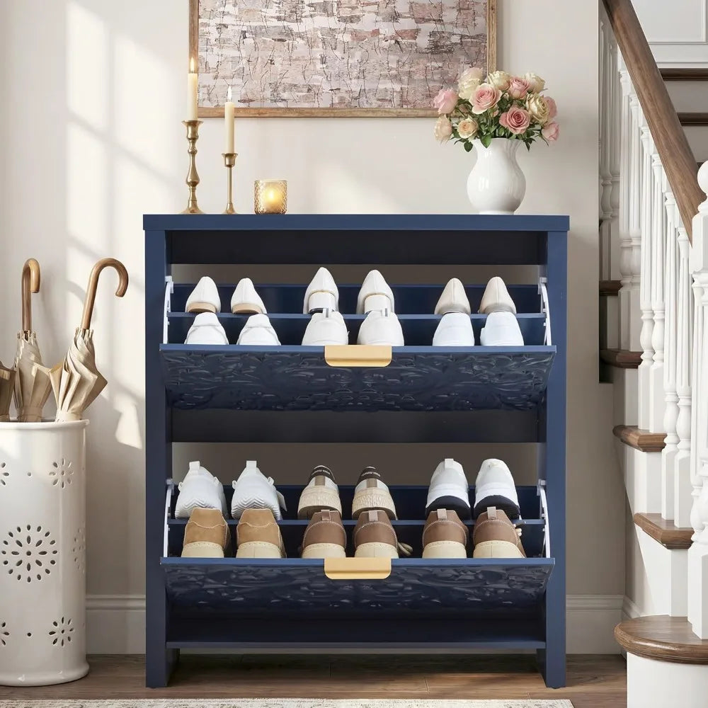 Slim Shoe Cabinet With Flip Drawers 2 Tier Organizer