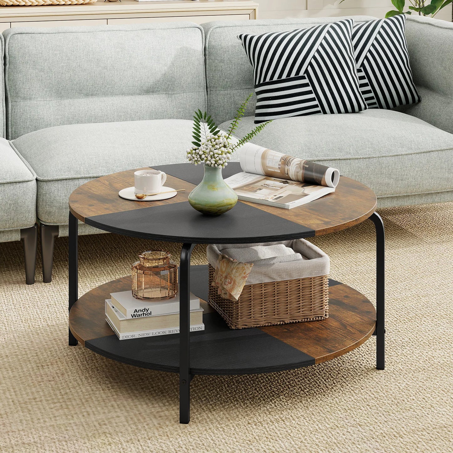 HOMASIS Two Tier Round Coffee Table With Storage Shelf Metal Frame