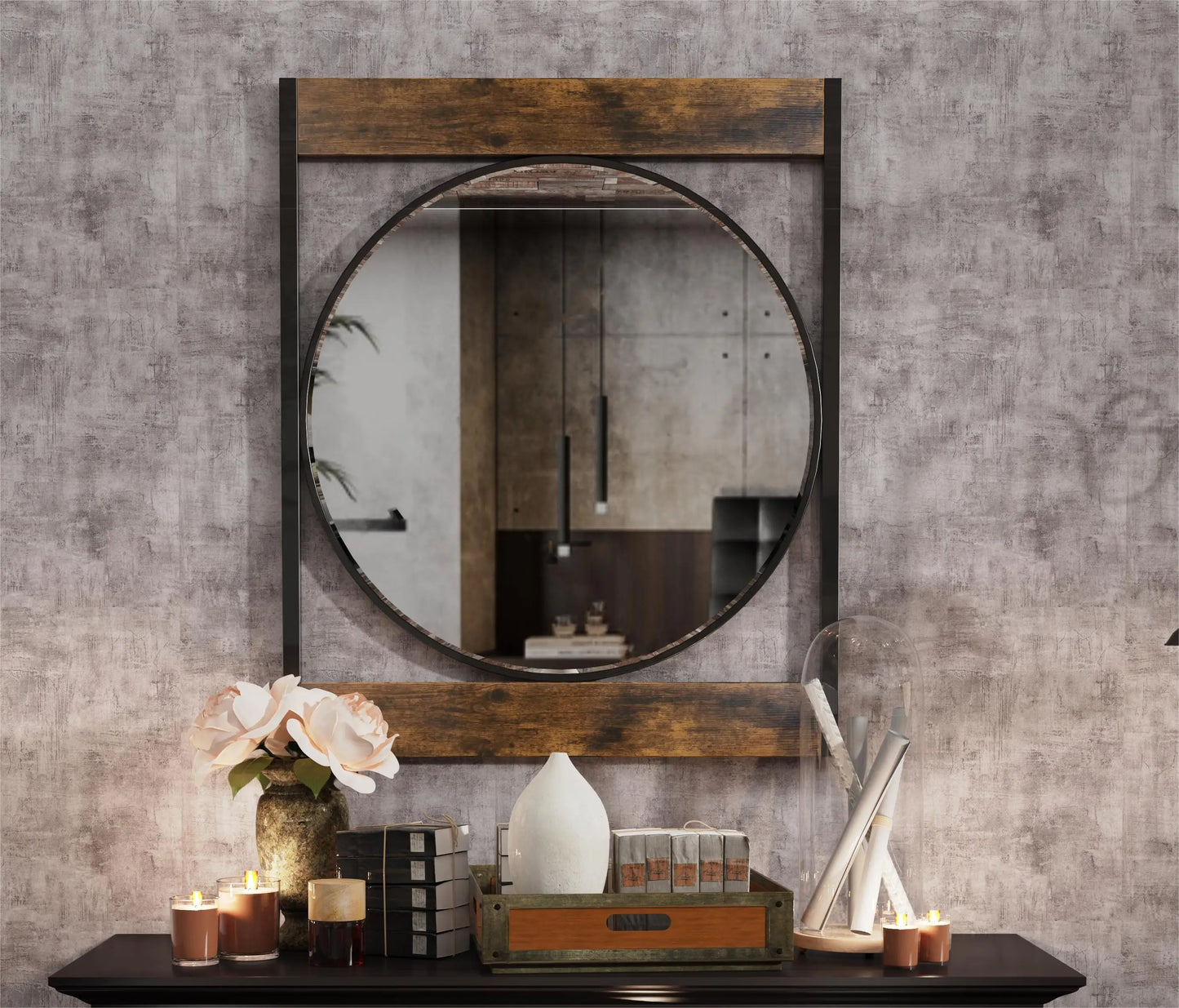 Industrial Metal Wood Framed Wall Mount Mirror For Living Room