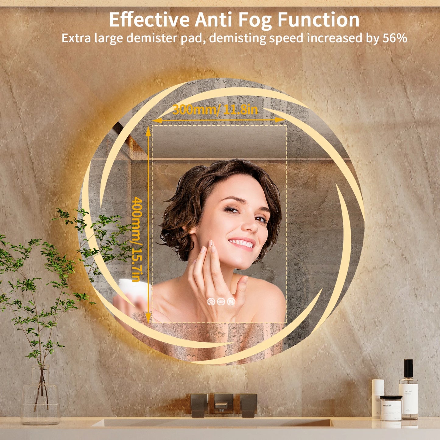 LED Backlit Anti-Fog Round Bathroom Mirror With Adjustable Lights