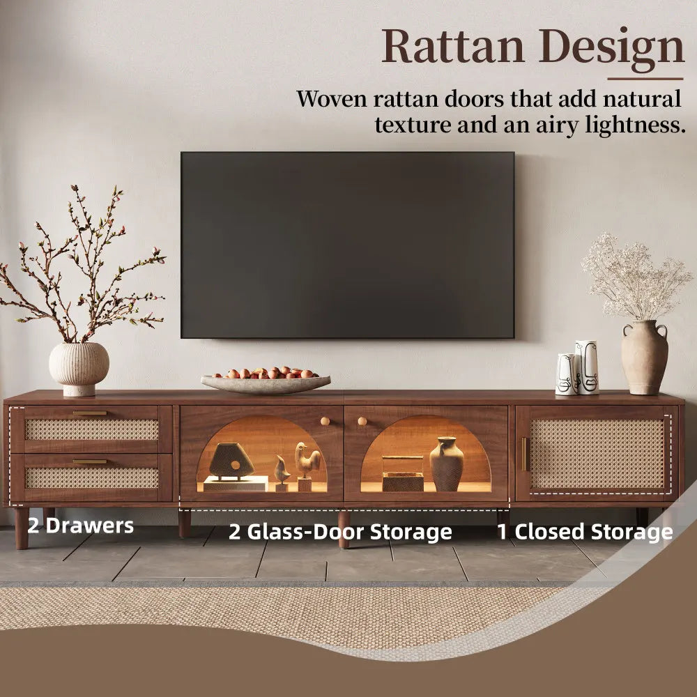 TV Stand With App LED Lights Glass Door Drawers Storage