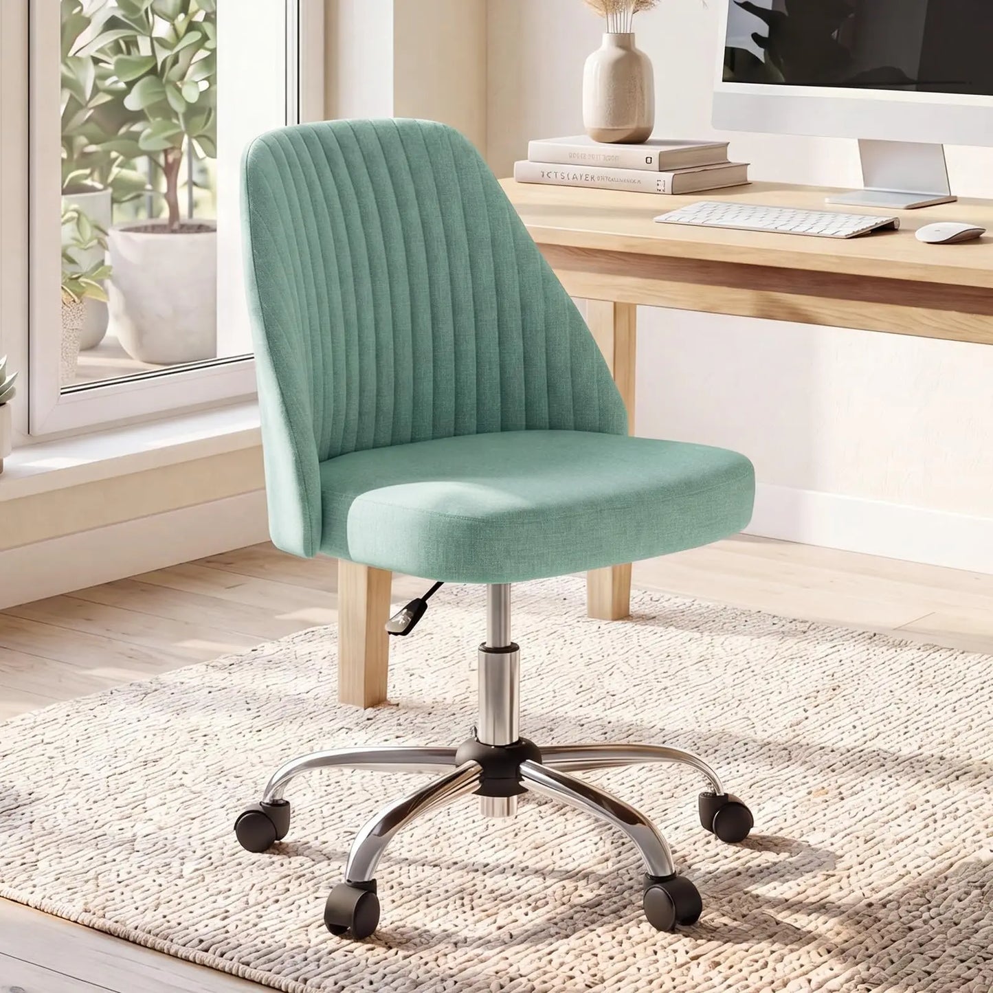 Height Adjustable Armless Vanity Office Chair With Rolling Wheels