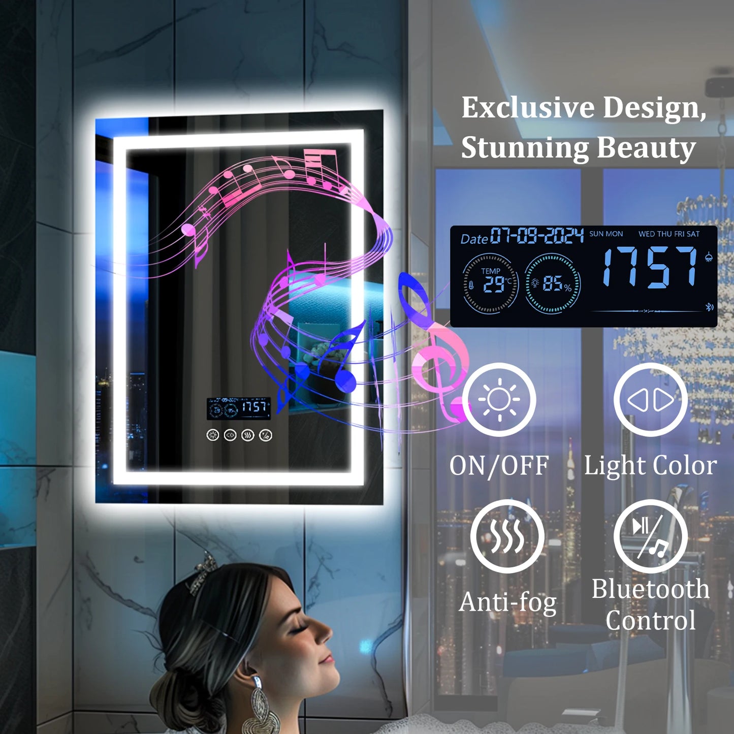 Wisfor LED Bathroom Mirror With Bluetooth Speaker AntiFog 3 Lights