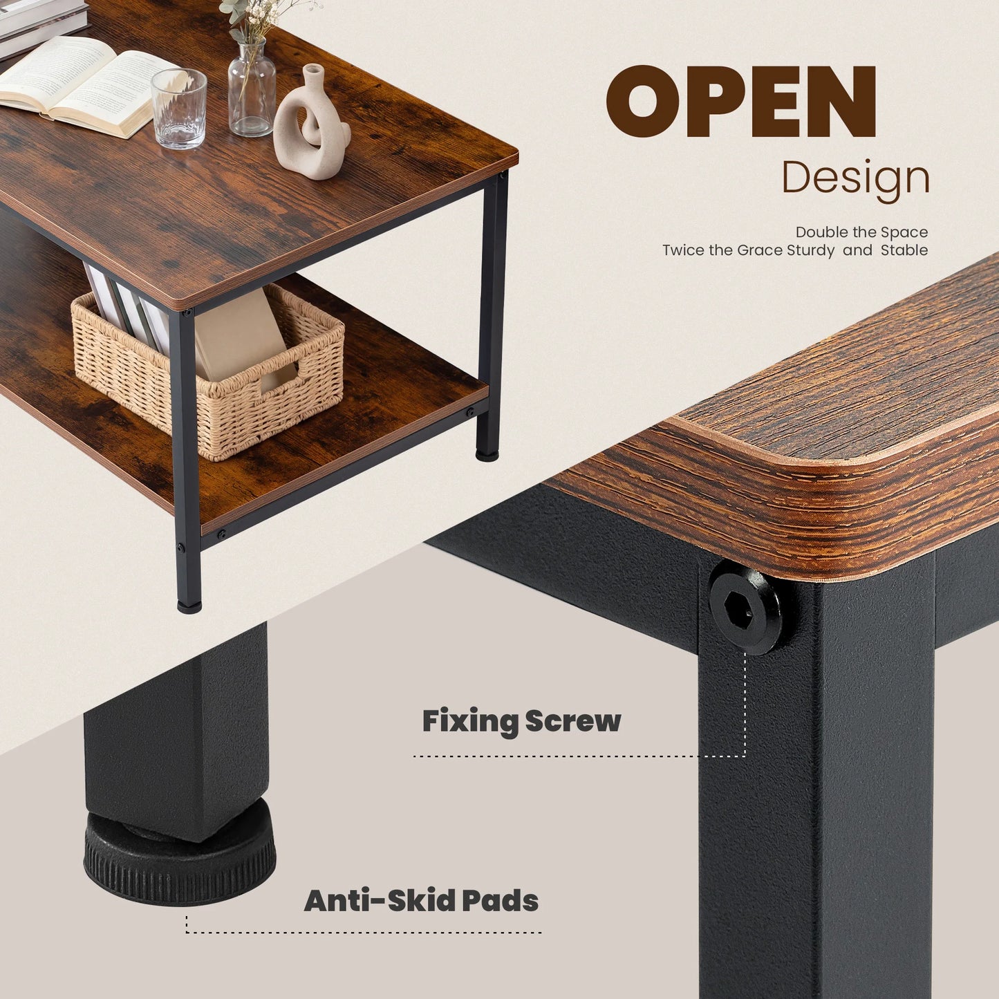 JHK Modern Wood Coffee Table Storage And Anti Slip Feet