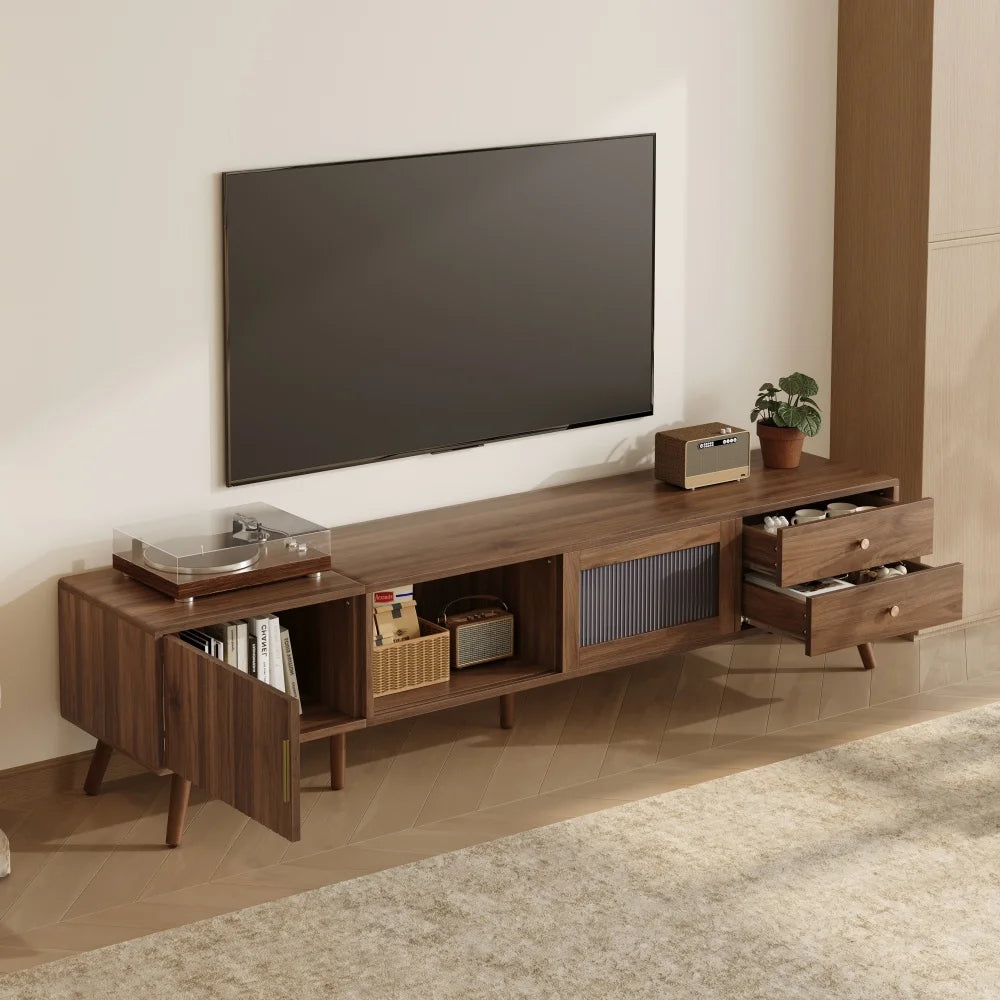 Modern Minimal Glass Doors TV Stand With Wood Grain Cabinets