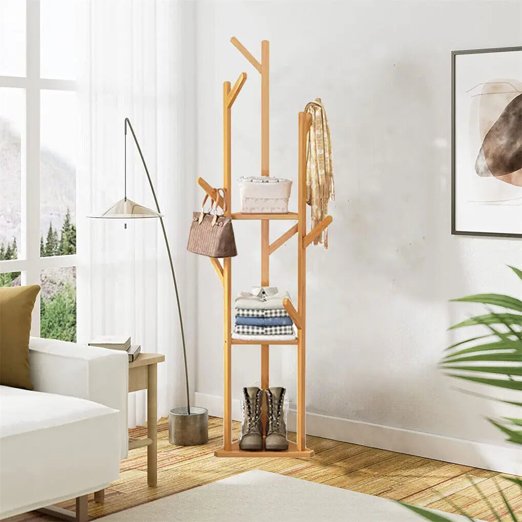 Wisfor Bamboo Corner Coat Rack With Hooks And Shelves