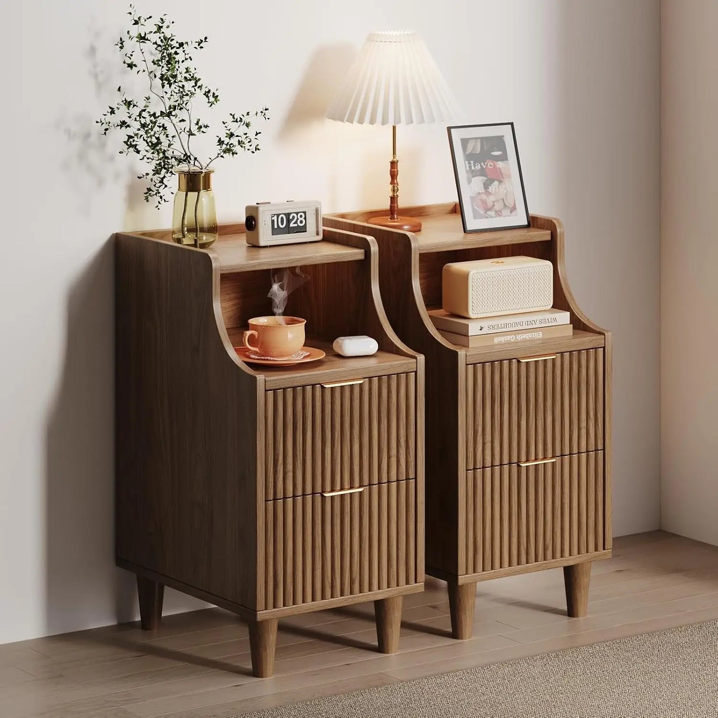 Frame Narrow Nightstand Set Of 2 With 2 Drawers Fluted