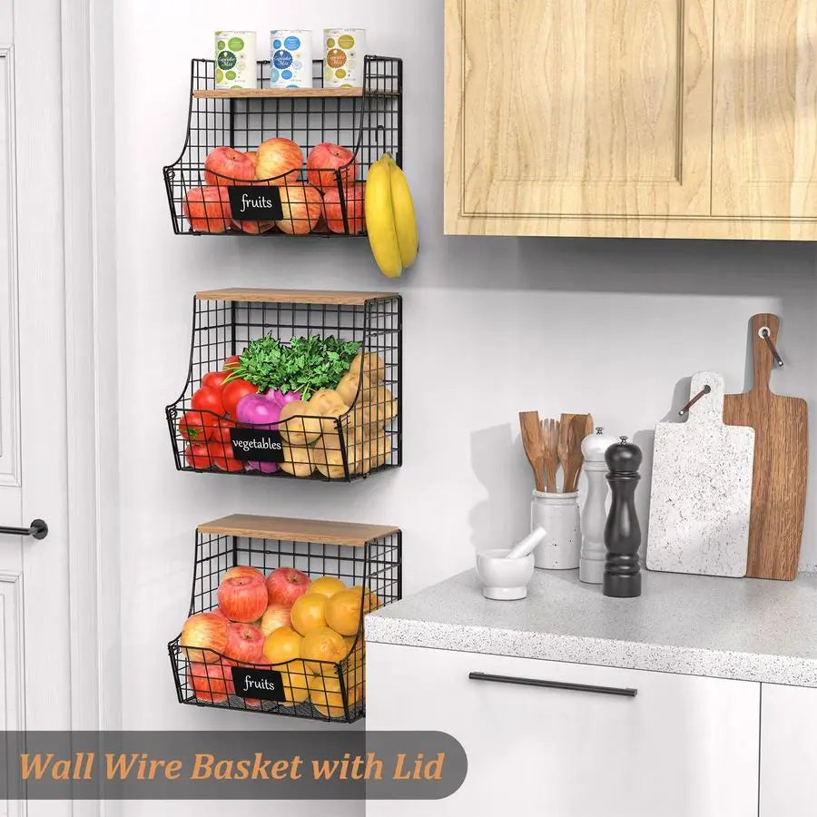 Pack Fruit Basket for Kitchen with Wood Lid CounterampWall Mounted Onion and Potato Storage with Nameplate, Stackable Storage Ba