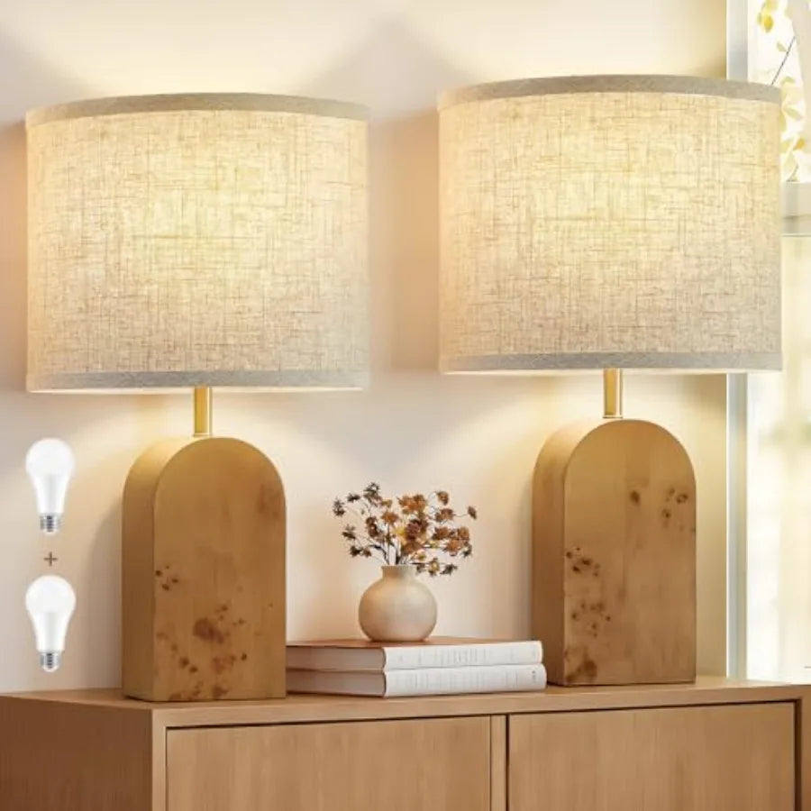 Solar Powered Wooden Bedside Table Lamps Set With Adjustable Lighting