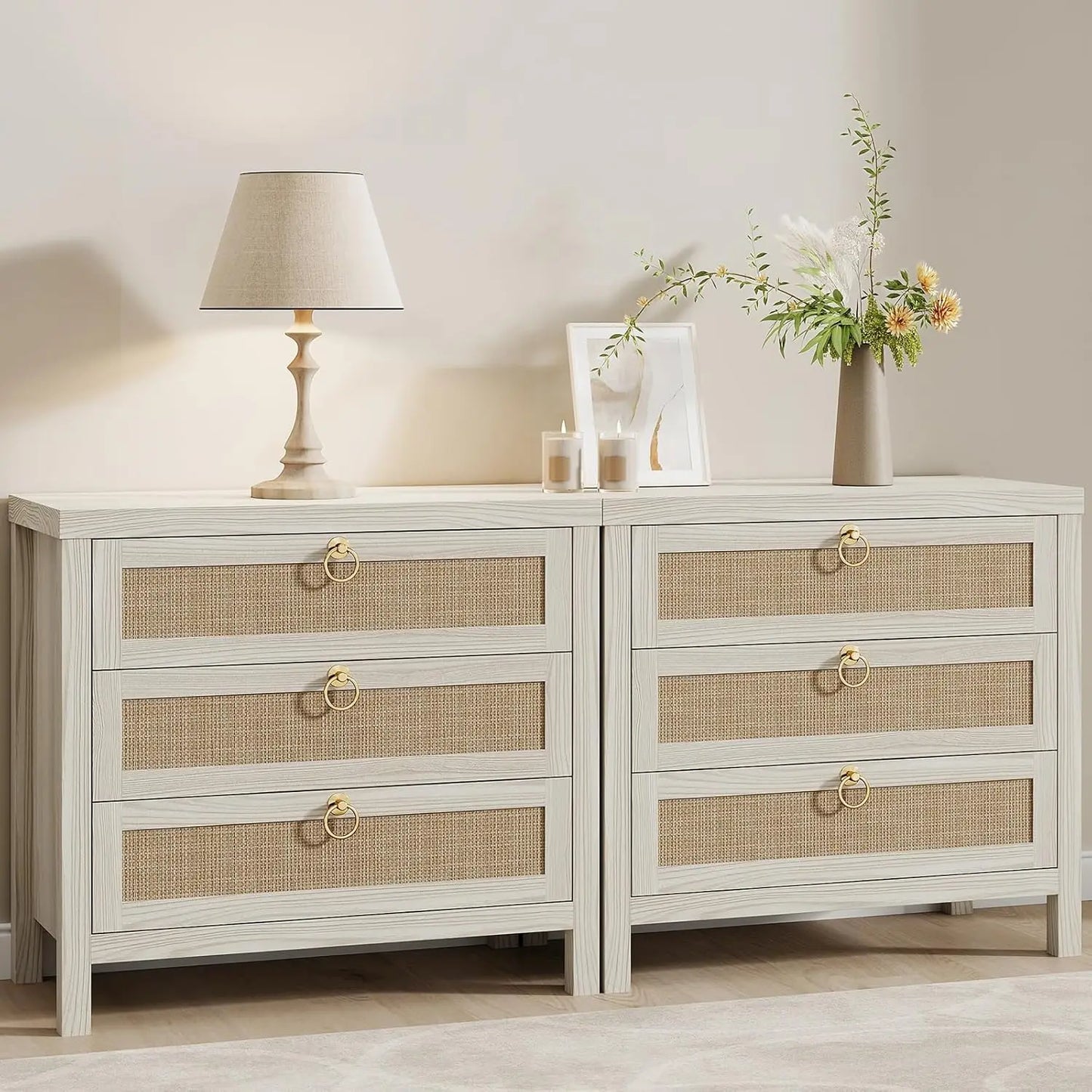 Rattan Nightstands Set of 2 Boho Style Bedroom End Tables