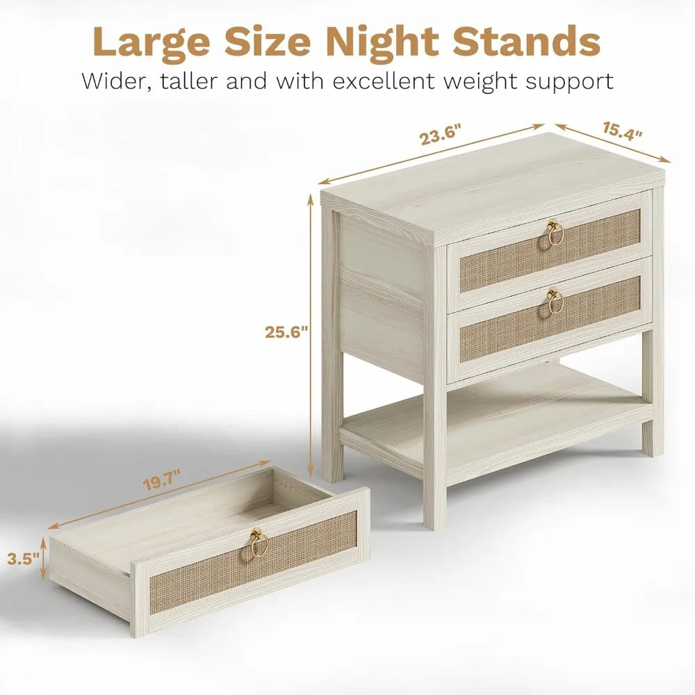 Rattan Nightstands Set of 2 Boho Style Bedroom End Tables