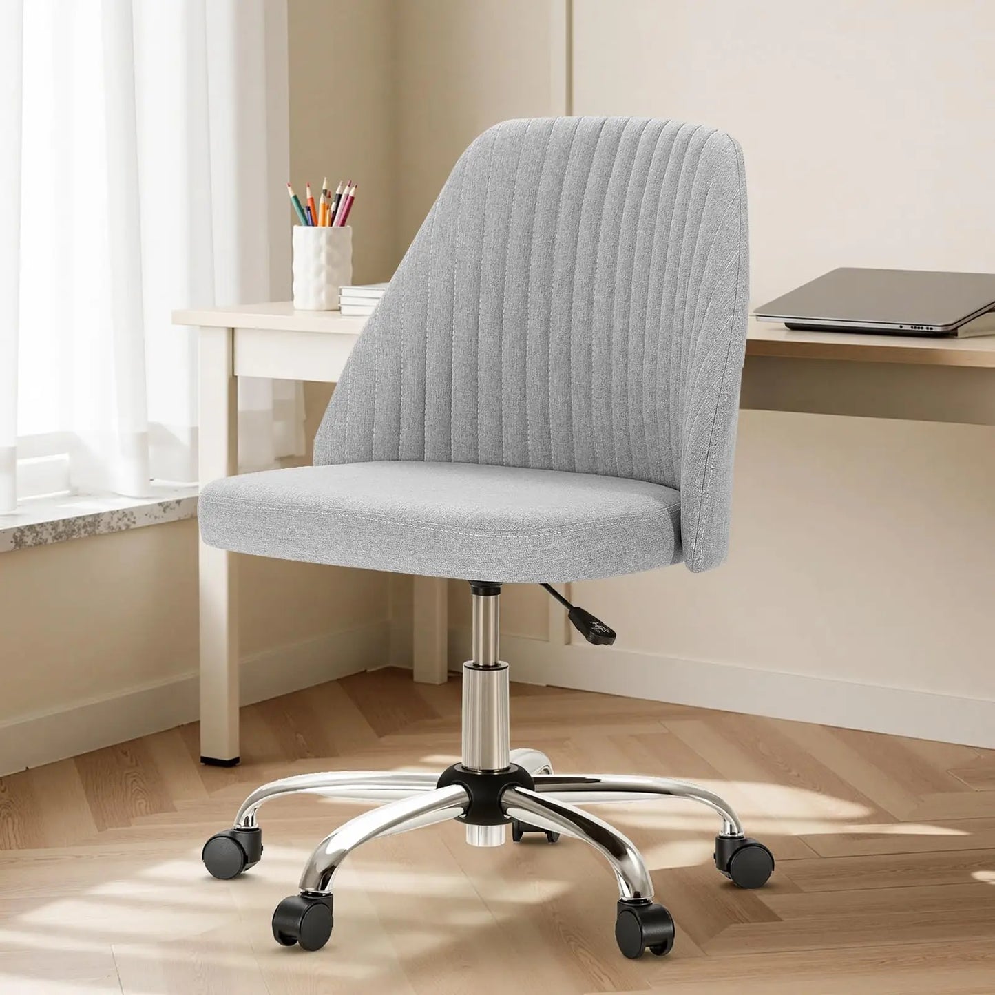 Height Adjustable Armless Vanity Office Chair With Rolling Wheels
