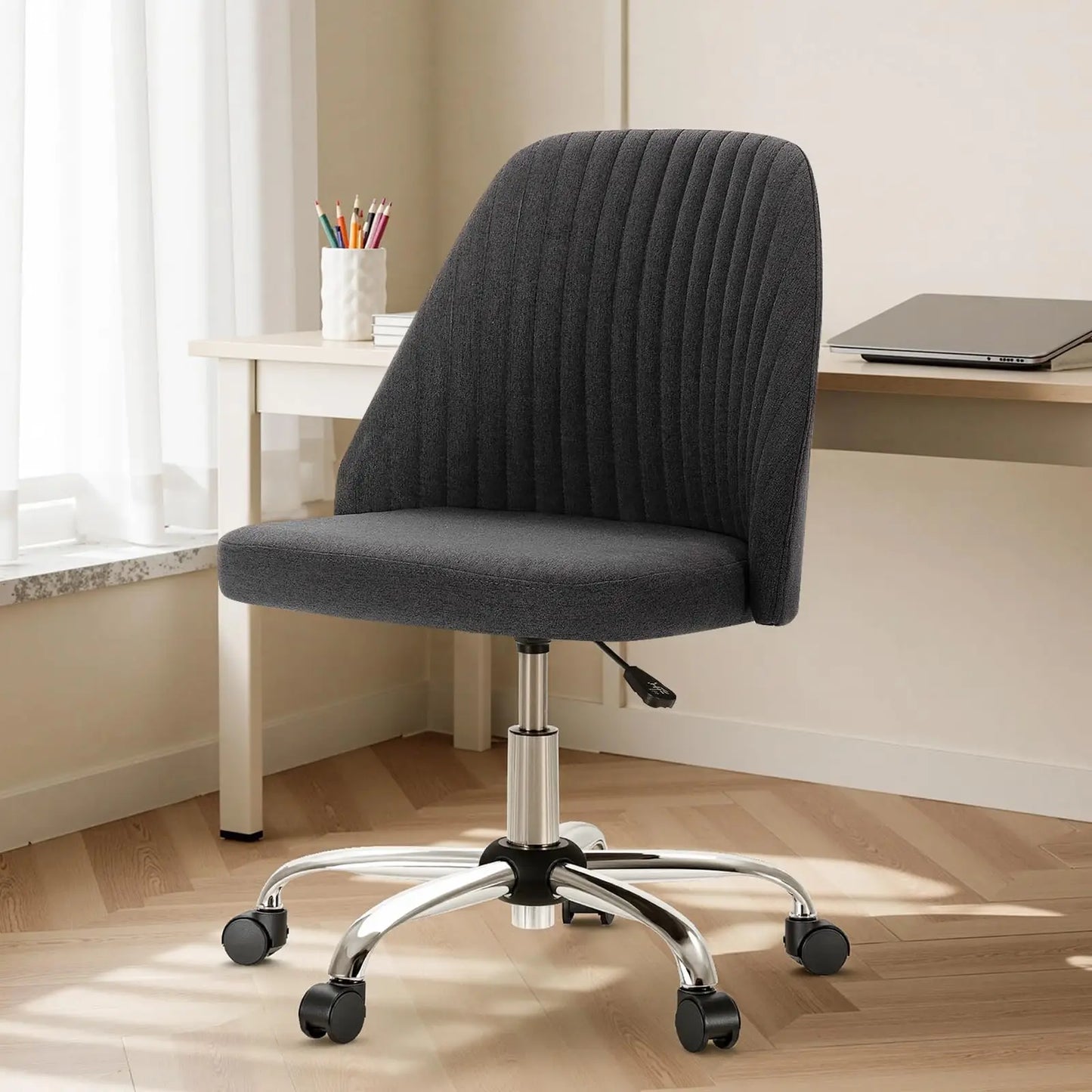 Height Adjustable Armless Vanity Office Chair With Rolling Wheels