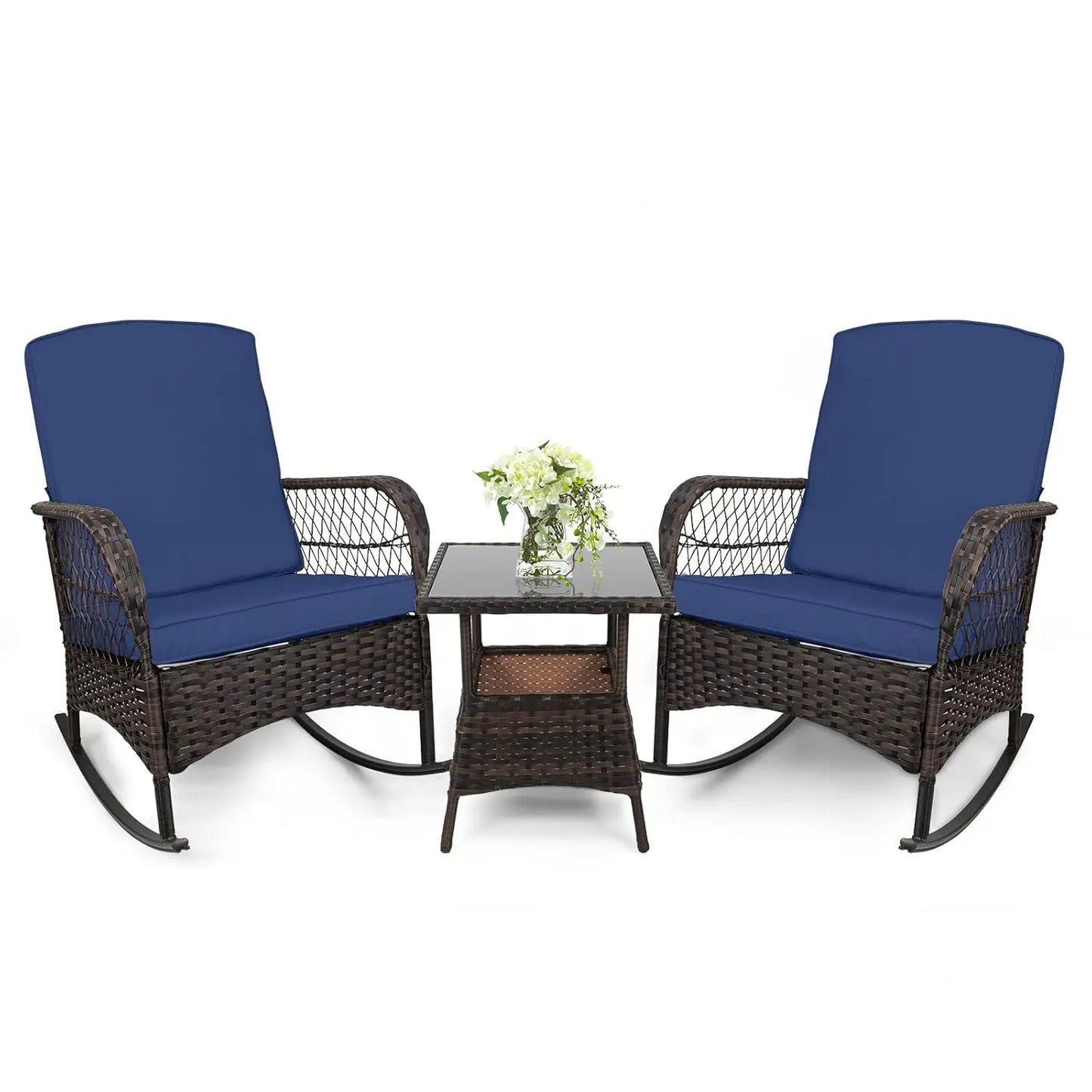 Outdoor 3 Piece Rocking Bistro Set With Glass Table PE Wicker
