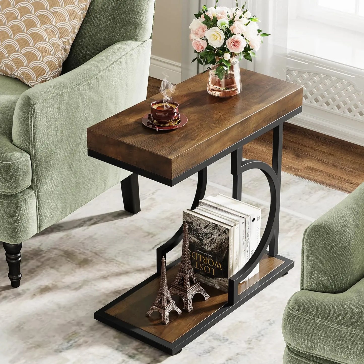 Little Tree C Shaped End Table With Metal Frame For Living Room
