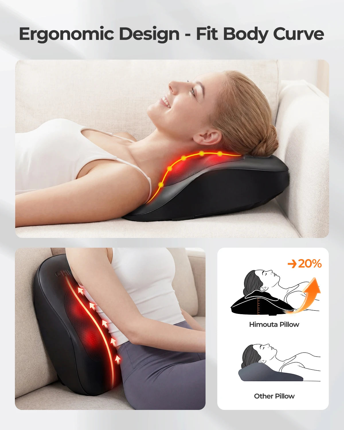 HIMOUTA Electric Shiatsu Back Neck Massager With Heat Ultra Quiet 3D Kneading Pillow
