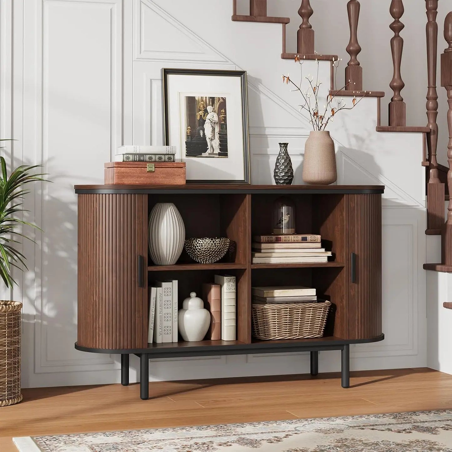 HUANZHUANG Modern Buffet Cabinet With Sliding Tambour Doors Open Shelves