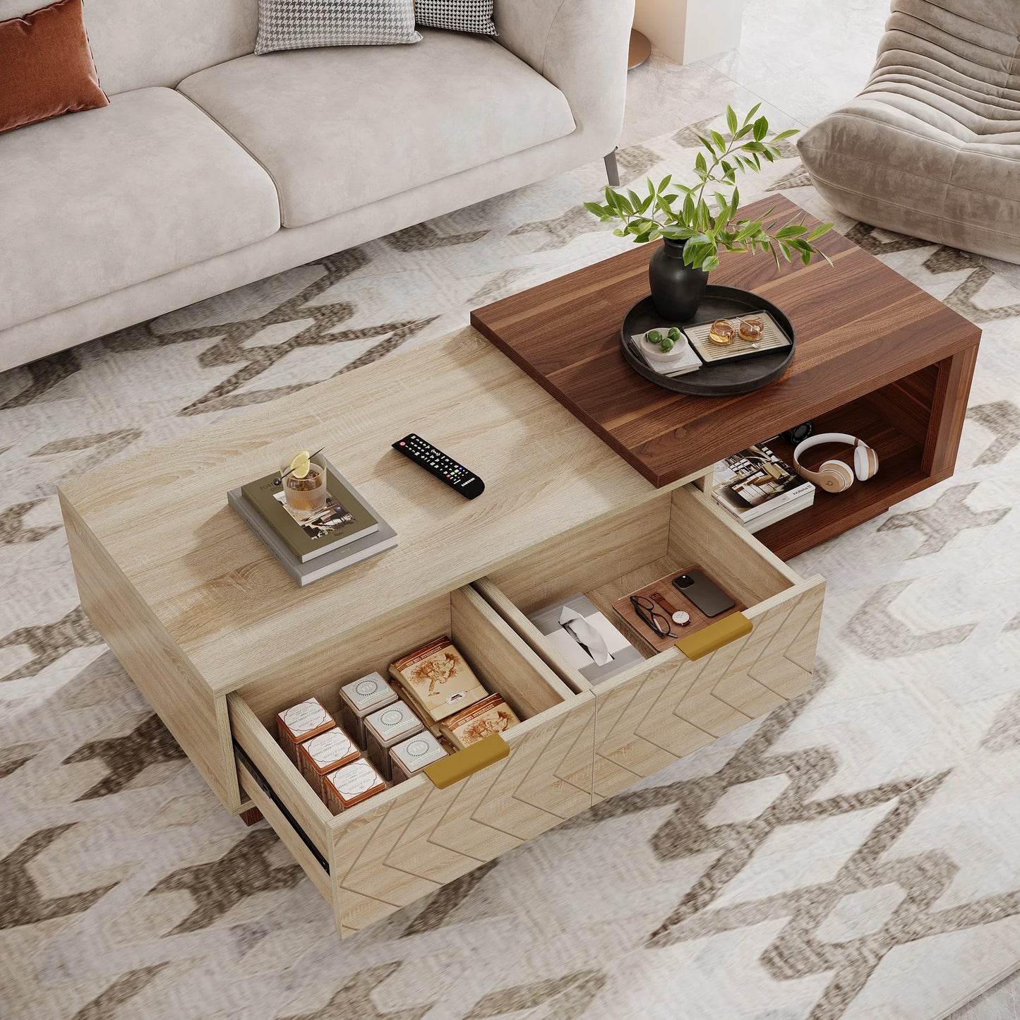 Extendable Walnut and Oak Storage Coffee