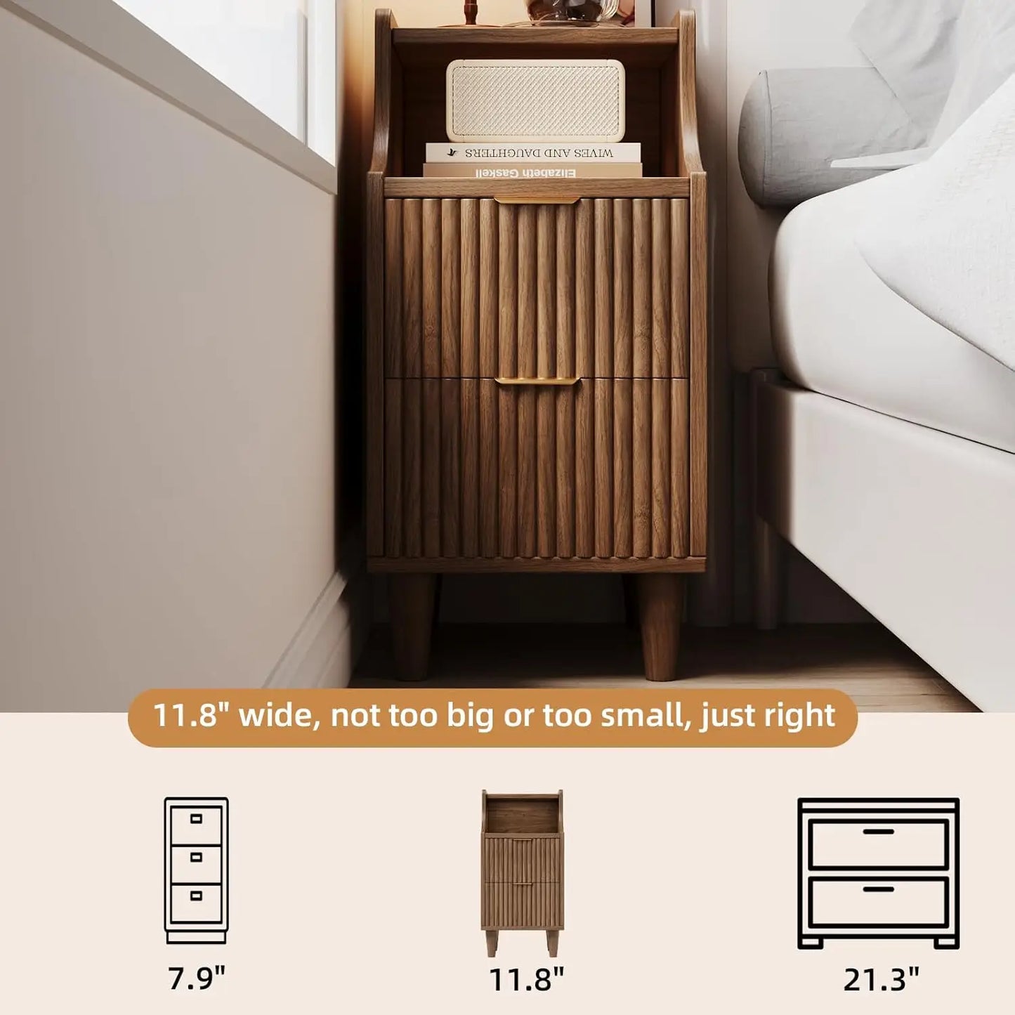 Frame Narrow Nightstand Set Of 2 With 2 Drawers Fluted